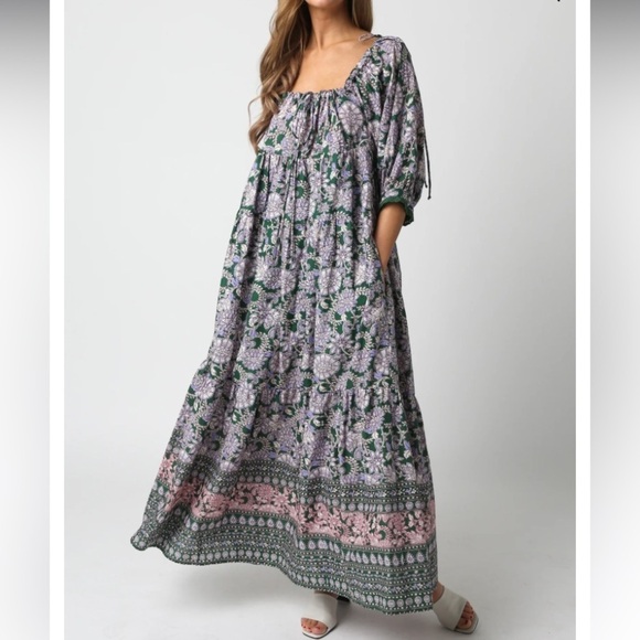 Olivaceous Olive Floral Paisley Cinched Neckline Maxi Women's size M NWT - Picture 1 of 14